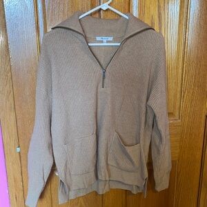 Madewell Women's Neutral Tan Wool Zip-Up V-Neck Sweater